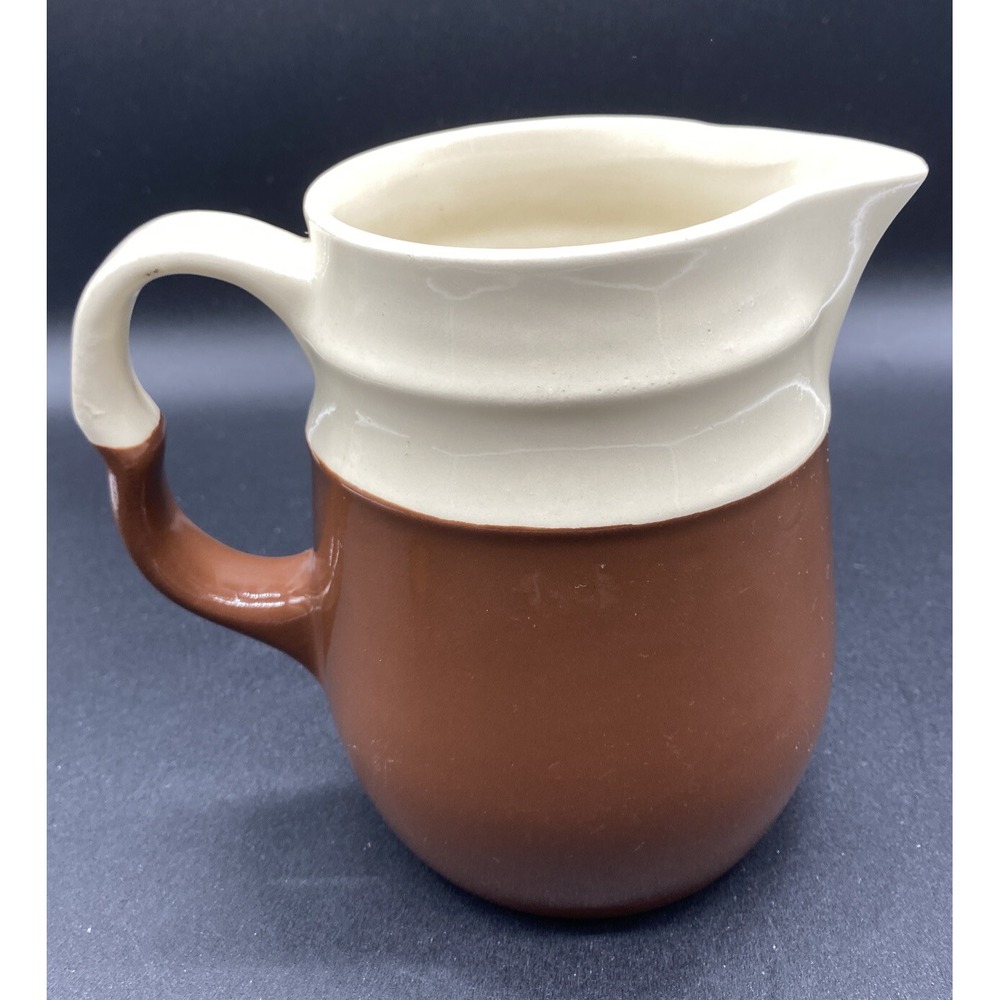 Vintage Two Tone Brown and Cream Stoneware Creamer Pitcher Ceramic Farmhouse